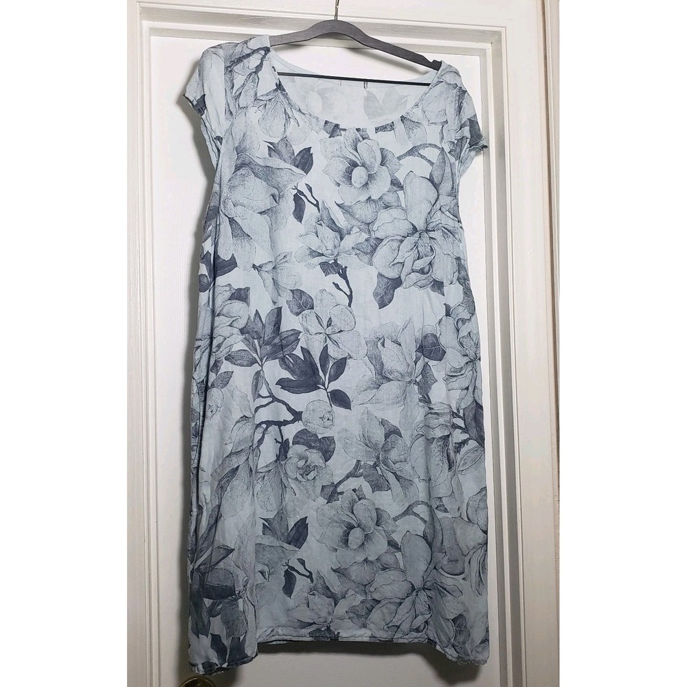 Lungo L'arno Linen Dress Size 1X Blue Made In Italy Pockets Stretch Side Panels